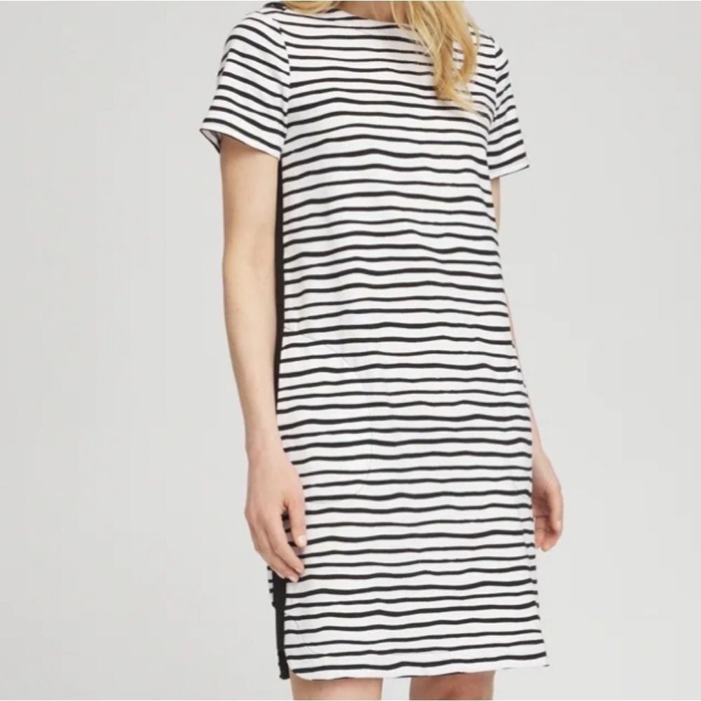 Chico's Black and White Striped Short Sleeve Dress with Shoulder Detail